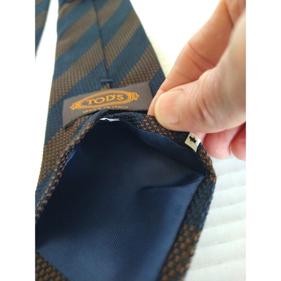Rare Vintage TOD'S 100% Silk Tie 1980s Necktie Made in Italy blue gold stripe - Picture 6 of 7